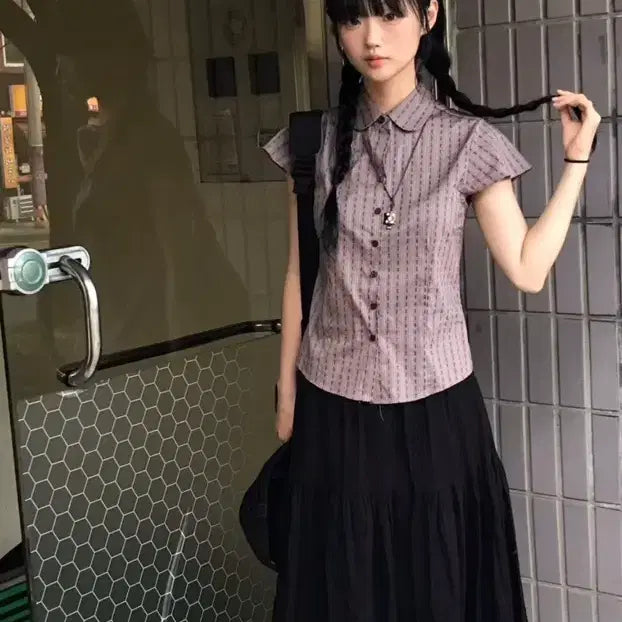 [BUNJANG] Uvani Vintage Pattern Shirt Check Purple / 유바니 빈티지 패턴 셔츠 체크 퍼플 너의빈 사토미라디오 모브앤로지
