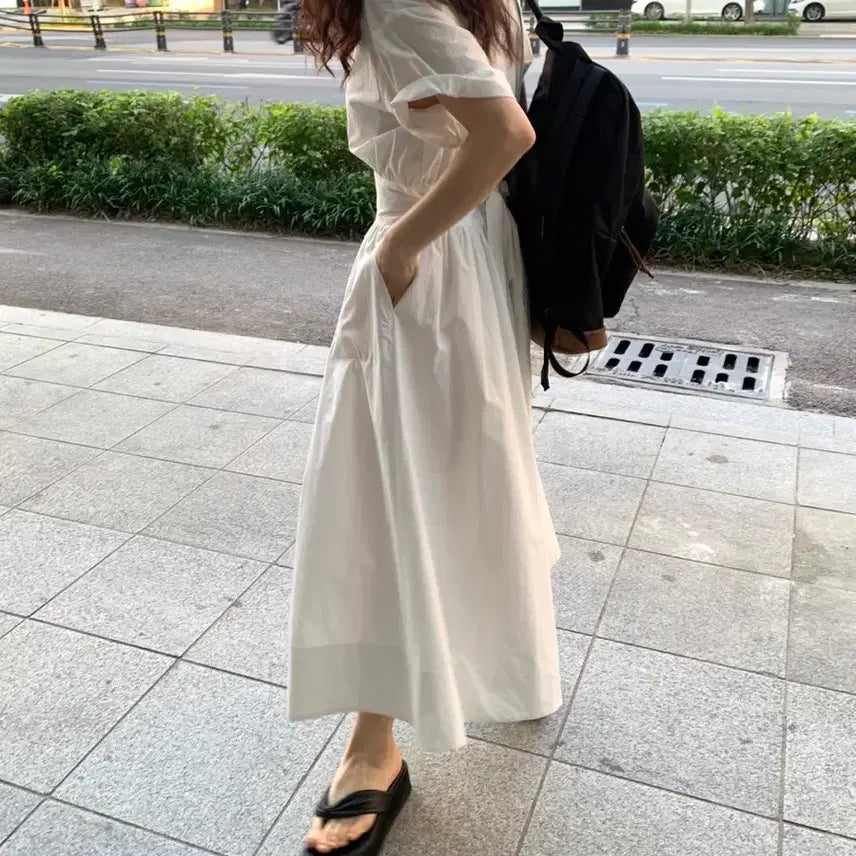 [BUNJANG] absentminded White Short-Sleeve Long Dress / 비애브선트마인디드 화이트 반팔 롱원피스