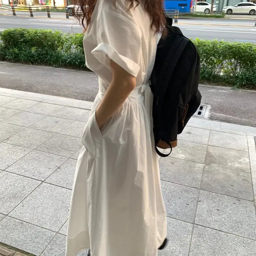 [BUNJANG] absentminded White Short-Sleeve Long Dress / 비애브선트마인디드 화이트 반팔 롱원피스