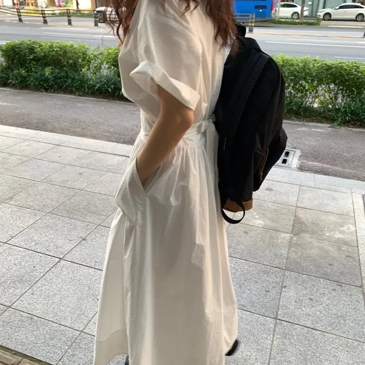 [BUNJANG] absentminded White Short-Sleeve Long Dress / 비애브선트마인디드 화이트 반팔 롱원피스