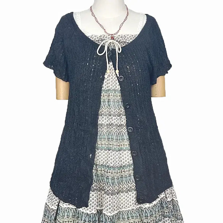 [BUNJANG] Vintage Button-Up Punch Knit Short Sleeve Cardigan Black / 일본빈티지 버튼업 펀칭반팔니트가디건 블랙모리걸하구미룩갸루y2k 히피