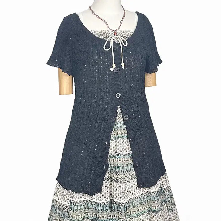 [BUNJANG] Vintage Button-Up Punch Knit Short Sleeve Cardigan Black / 일본빈티지 버튼업 펀칭반팔니트가디건 블랙모리걸하구미룩갸루y2k 히피
