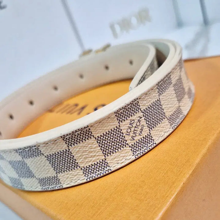 [BUNJANG] Louis Vuitton Damier Azur Gold Buckle Belt / (정품)루이비통 다미에 아주르 LV로고 금장 골드 벨트 허리띠 M9268