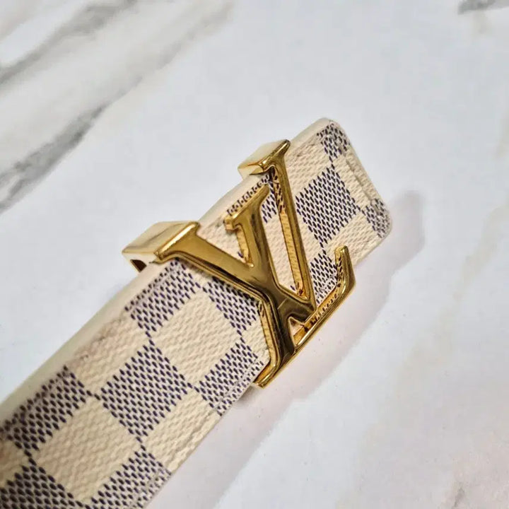 [BUNJANG] Louis Vuitton Damier Azur Gold Buckle Belt / (정품)루이비통 다미에 아주르 LV로고 금장 골드 벨트 허리띠 M9268