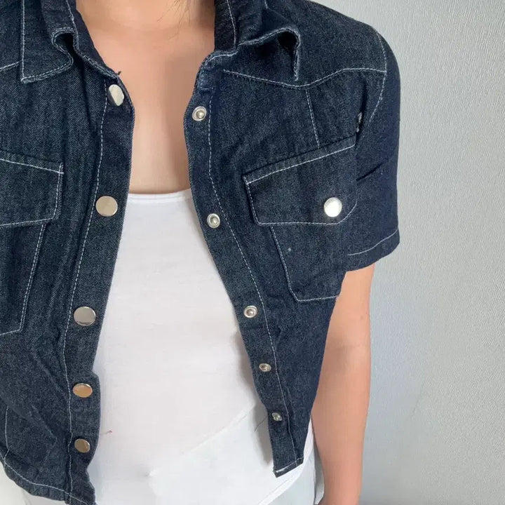 [BUNJANG] Denim Cropped Short Sleeve Shirt Jacket / 반팔 데님 크롭 셔츠 자켓