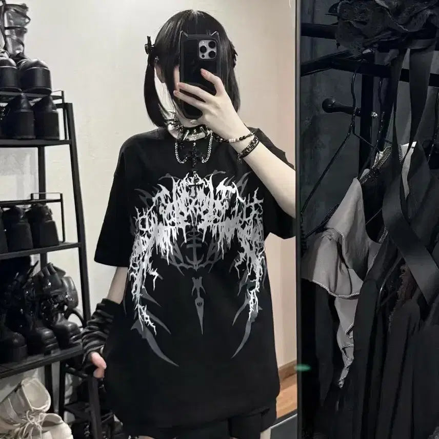 [BUNJANG] Gothic Jirai Kei Oversized Printed T-Shirt / 서브컬처 고딕 지뢰계 오버사이즈 프린트 티셔츠