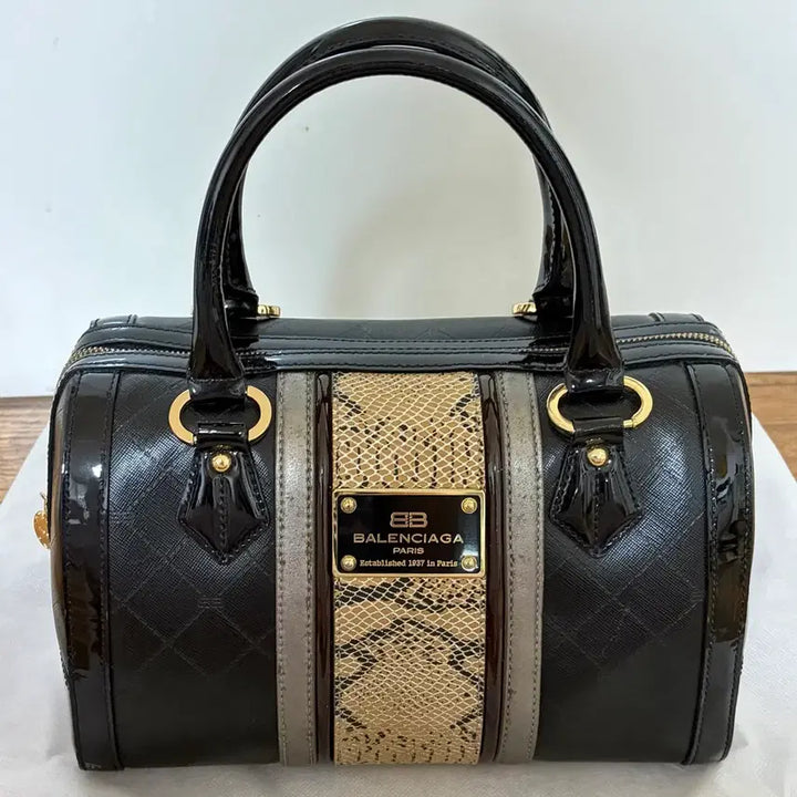 [BUNJANG] Balenciaga BB Logo Snake Embossed Leather Boston Bag / 금강 발렌시아가 BB 로고 뱀피 배색 보스턴백