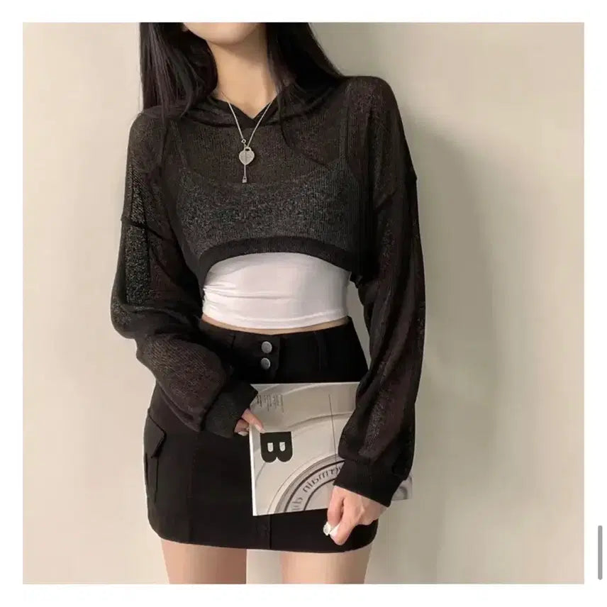 [BUNJANG] A-bly Black See-through Crop Hoodie / 에이블리 블랙 시스루 크롭 후드티