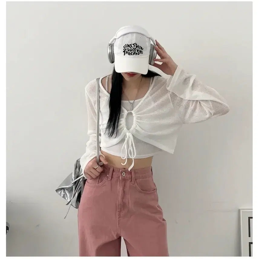 [BUNJANG] A-bly Black See-through Shirring Cropped Cardigan / 에이블리 블랙 시스루 셔링 크롭 가디건