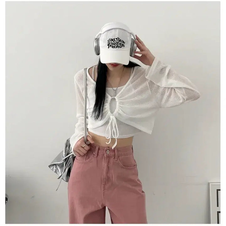 [BUNJANG] A-bly Black See-through Shirring Cropped Cardigan / 에이블리 블랙 시스루 셔링 크롭 가디건