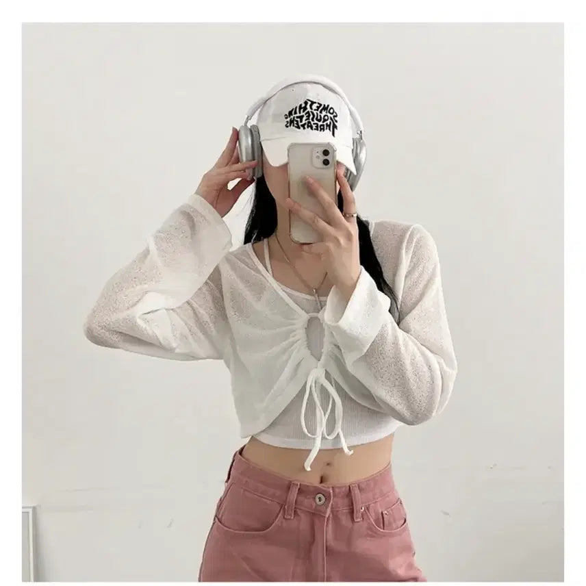 [BUNJANG] A-bly Black See-through Shirring Cropped Cardigan / 에이블리 블랙 시스루 셔링 크롭 가디건