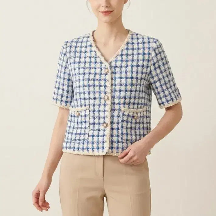 [BUNJANG] J.J. GOTS Checked Tweed Short Sleeve Jacket / [F]JJ지고트 체크 트위드 반팔 자켓