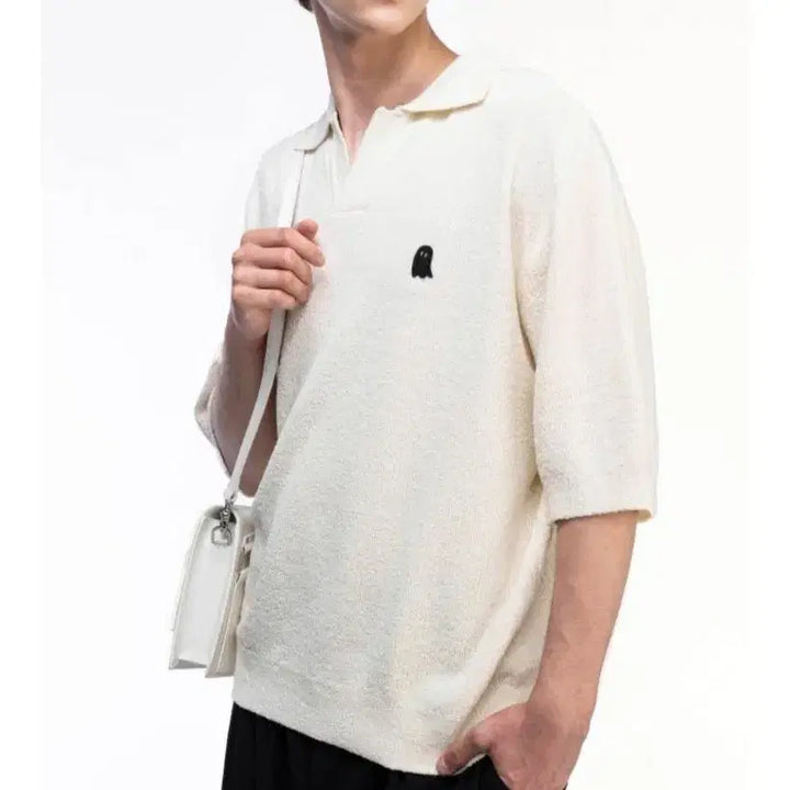 [BUNJANG] ZIOSONGZIO Boucle Open Collar Knit T-shirt / 지오송지오 엠블런스 부클 오픈 카라 니트 티셔츠 105