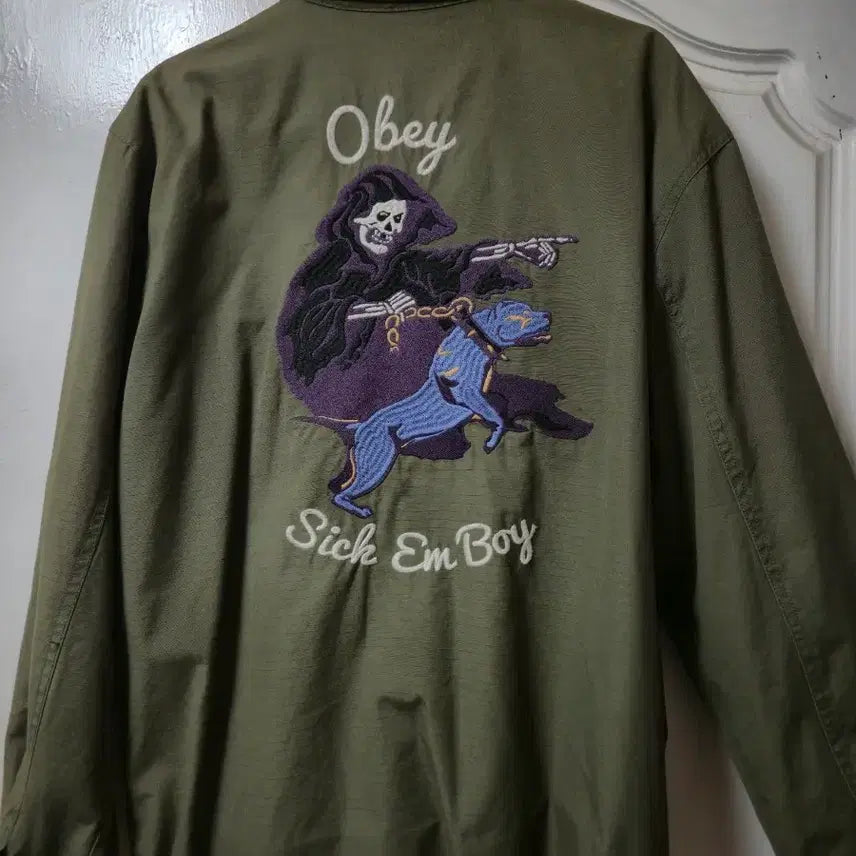 [BUNJANG] OBEY Embroidered Olive Green Jacket / 오베이 OBEY 자수 올리브그린 자켓