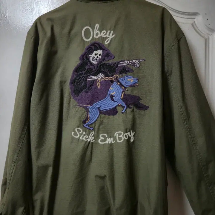 [BUNJANG] OBEY Embroidered Olive Green Jacket / 오베이 OBEY 자수 올리브그린 자켓