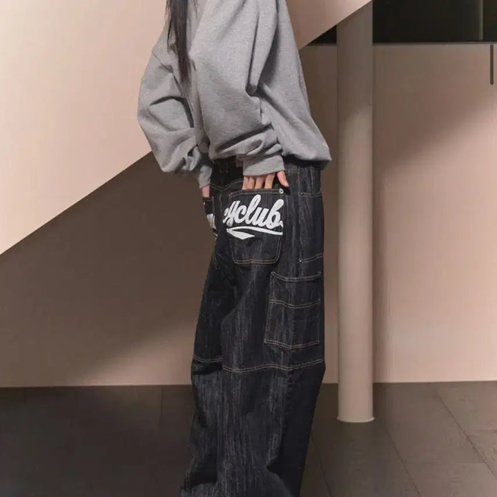 [BUNJANG] Fancy Club Carpenter Lettering Denim Pants (Black) / 팬시클럽 카펜더 레터링 데님 팬츠 (BLACK)_F24ZD884