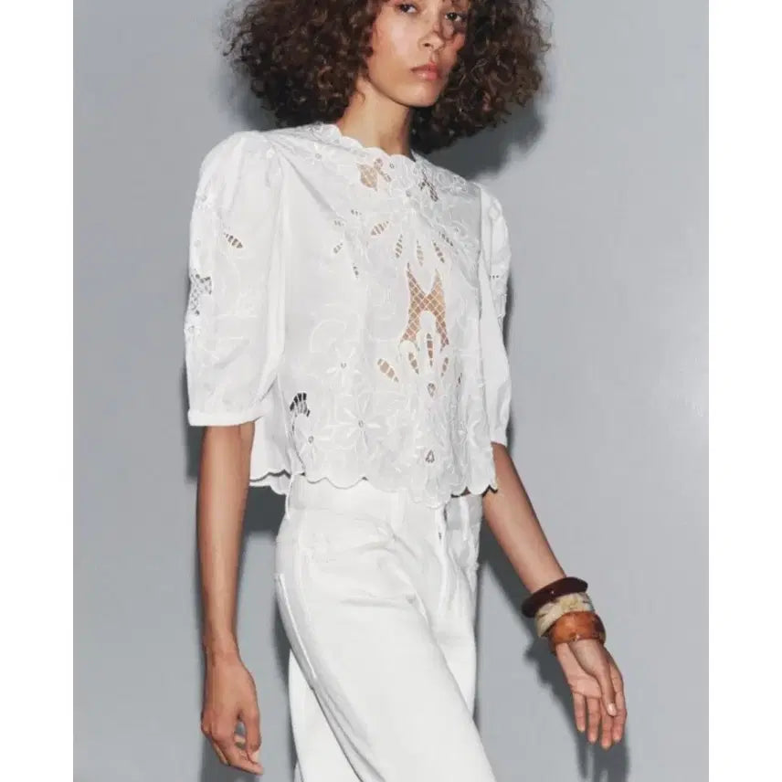 [BUNJANG] Zara Lace Point Blouse - White, XS / 새상품 Zara 자라 레이스 포인트 블라우스