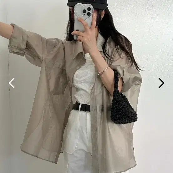 [BUNJANG] Summer See-Through Loose Fit Shirt (Pink Beige) / 여름시스루루즈핏셔츠(핑크베이지