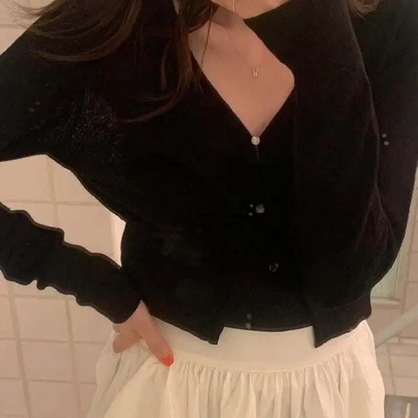 [BUNJANG] MINUET Linen Blend V-Neck Cropped Cardigan Black / 미뉴에트제작 린넨가디건 블랙
