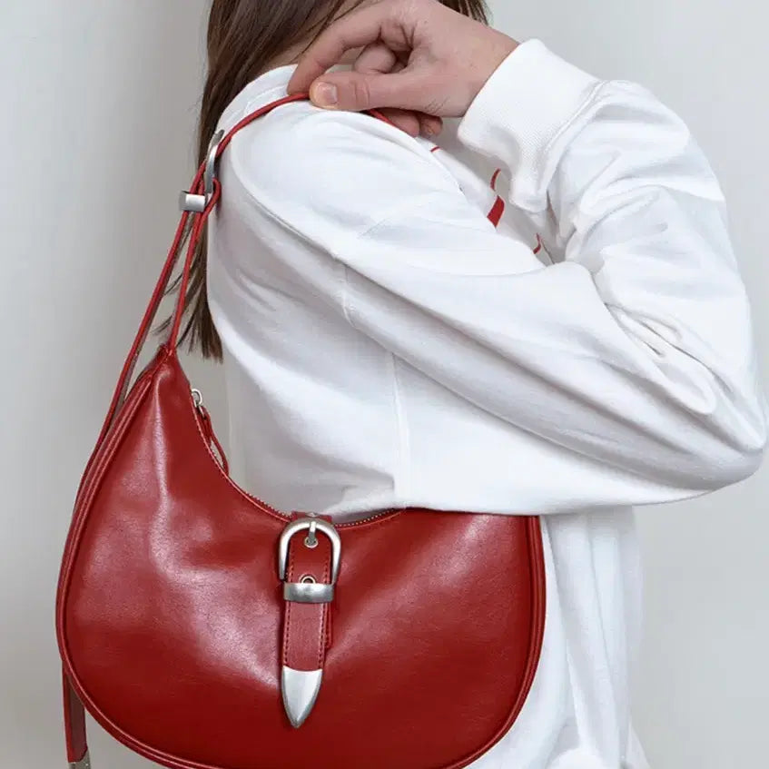 [BUNJANG] Curetty Double Belt Mini Hobo Bag - Red / 큐리티 더블벨트 미니호보백 레드