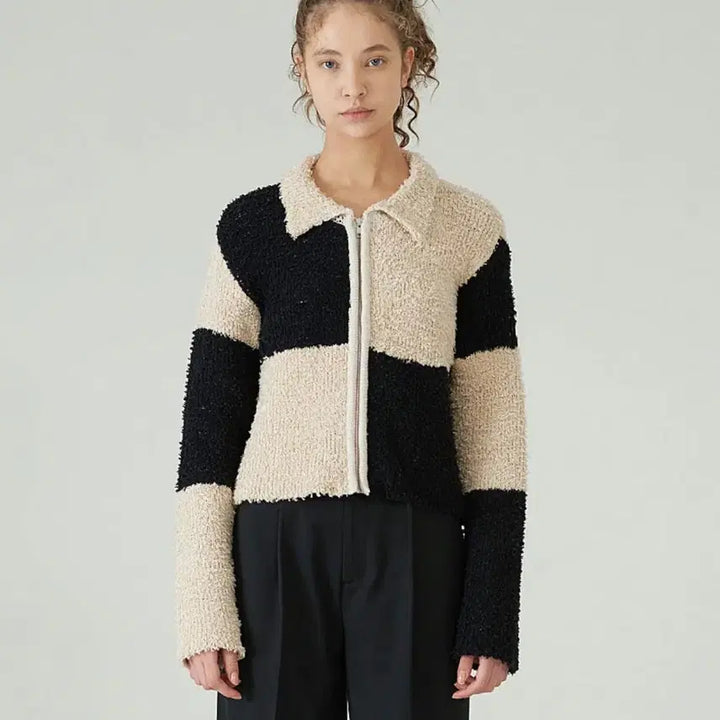 [BUNJANG] Diagonal Color Block Knit Zip-up Cardigan / 다이애그널 컬러 블록 니트 집업 가디건