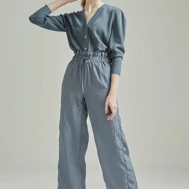 [BUNJANG] Objets 21 Knit Satin Texture Block Jumpsuit / 오브제21 니트 새틴 텍스쳐블록 점프수트