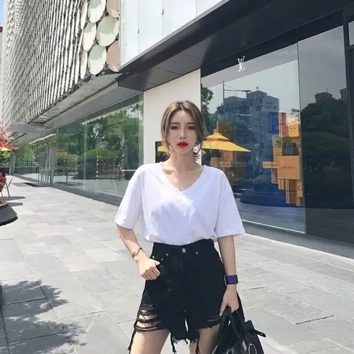 [BUNJANG] X2square Black High-Waist Cut-Off Denim Shorts / X2제곱 블랙 데미지 하이웨스트 컷팅 반바지