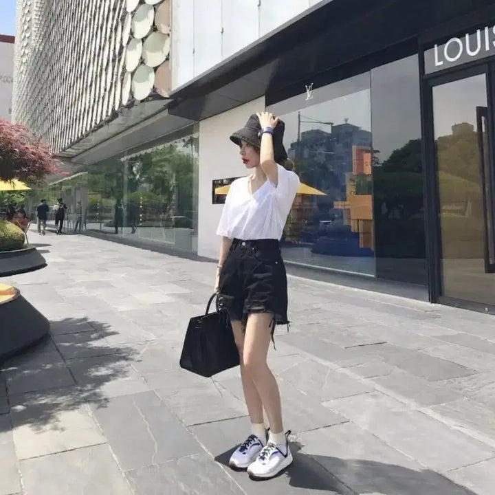 [BUNJANG] X2square Black High-Waist Cut-Off Denim Shorts / X2제곱 블랙 데미지 하이웨스트 컷팅 반바지