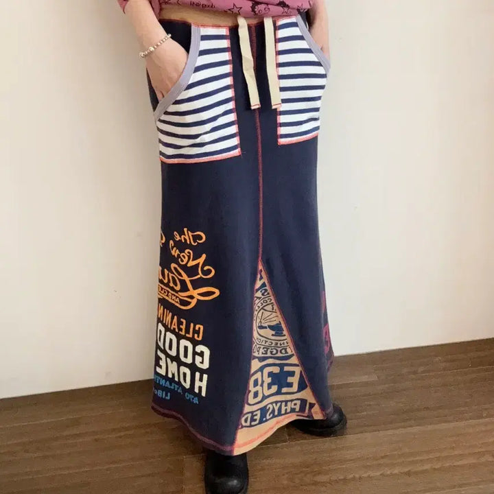 [BUNJANG] Patchwork A-Line Sweat Long Skirt / 패치워크 스커트