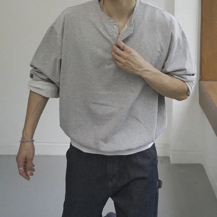[BUNJANG] Sido Henley Neck Sweatshirt Gray / 시도 헨리넥 스웻셔츠 그레이 3