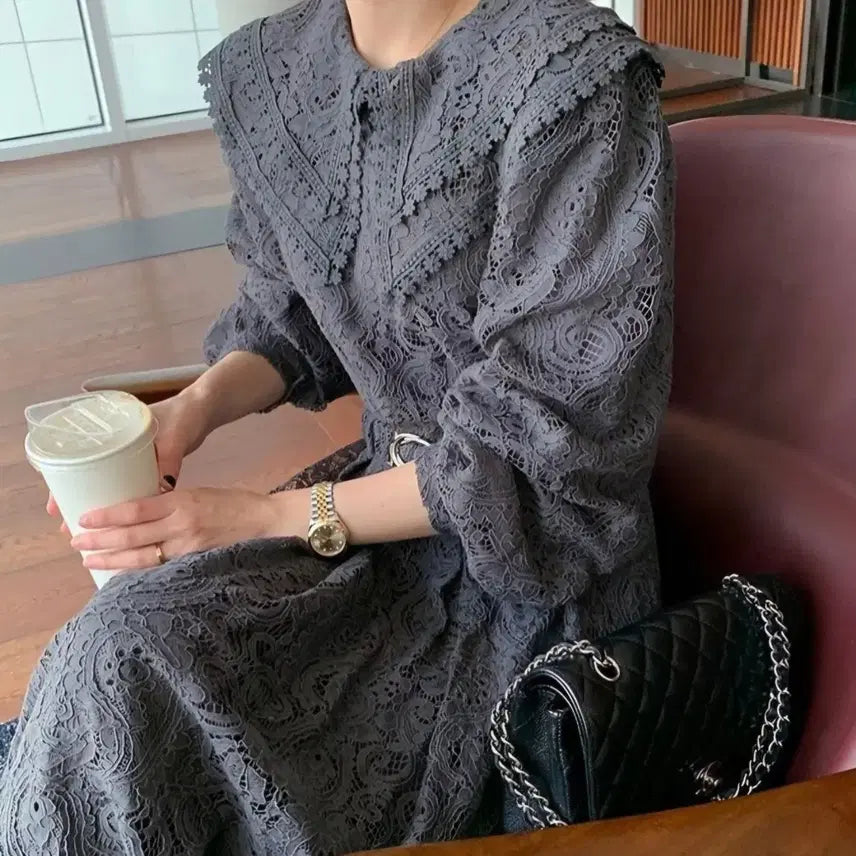 [SOLD OUT] 바이플로우 빅카라 레이스 벨트 원피스