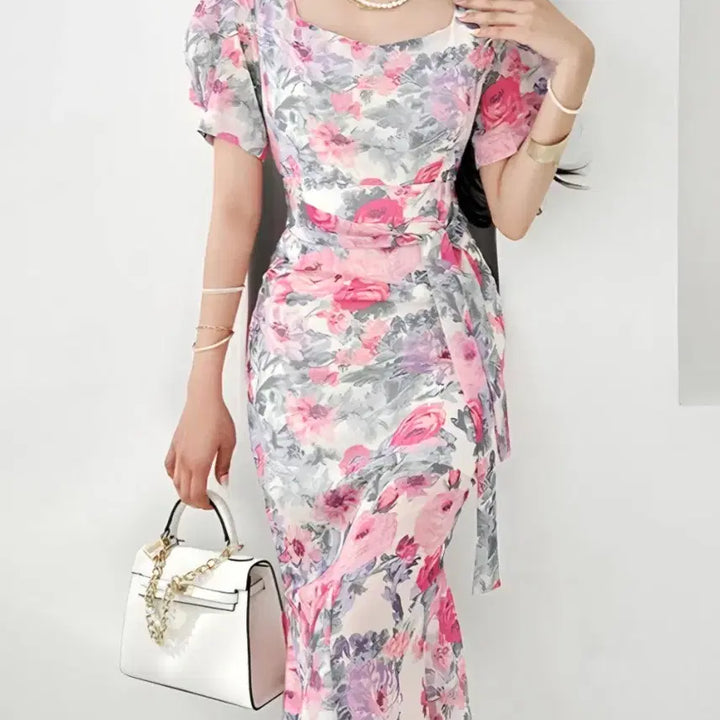 [BUNJANG] Floral Mermaid Chiffon Dress / 수채화느낌 플로럴 머메이드 원피스