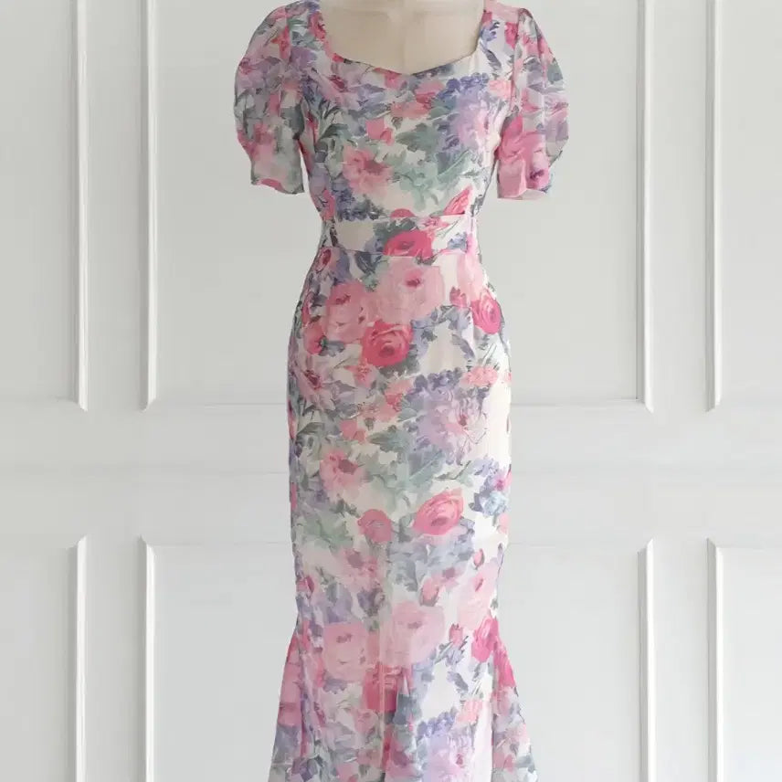 [BUNJANG] Floral Mermaid Chiffon Dress / 수채화느낌 플로럴 머메이드 원피스