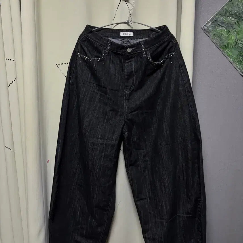 [BUNJANG] Black Studded Wide Denim Jeans / 흑청 스터드 와이드 데님