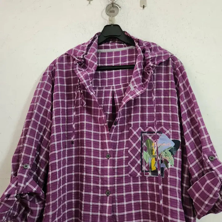 [BUNJANG] Purple Check Hooded Roll-Up Shirt / 보라색 체크 후드 롤업 셔츠