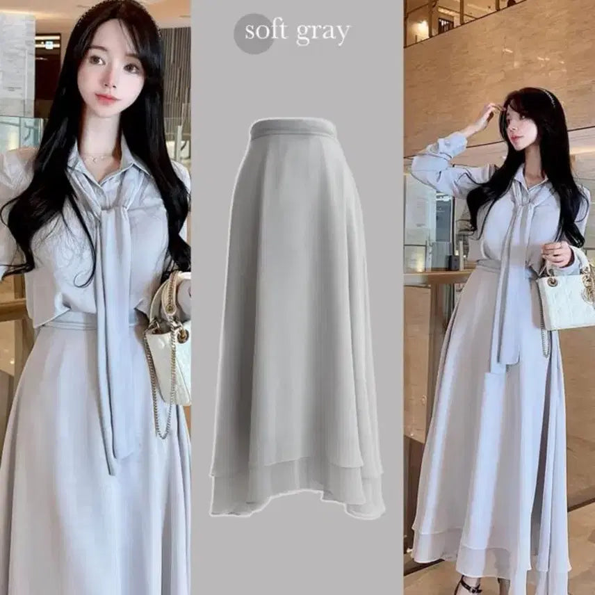 [BUNJANG] Mayyun Silk Chiffon Ruffle Long Skirt - Soft Gray / 메이윤 실크 쉬폰 캉캉 스커트 소프트그레이