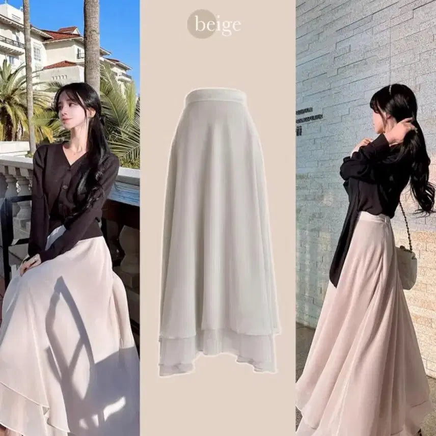 [BUNJANG] Mayyun Silk Chiffon Ruffle Skirt Beige / 메이윤 실크 쉬폰 캉캉 스커트 베이지