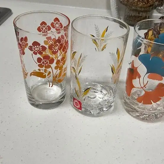 [BUNJANG] Retro Glass Set with Floral, Reed, and Ginkgo Leaf Designs / 레트로글라스세트
