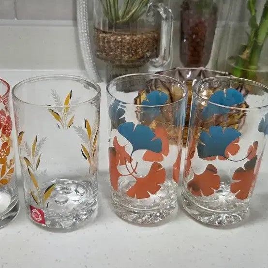 [BUNJANG] Retro Glass Set with Floral, Reed, and Ginkgo Leaf Designs / 레트로글라스세트