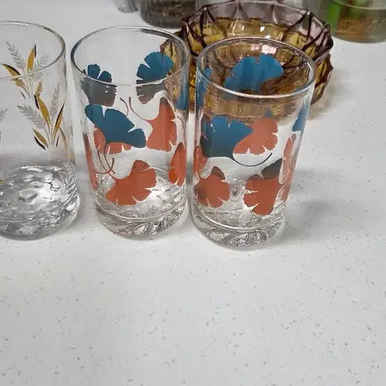 [BUNJANG] Retro Glass Set with Floral, Reed, and Ginkgo Leaf Designs / 레트로글라스세트