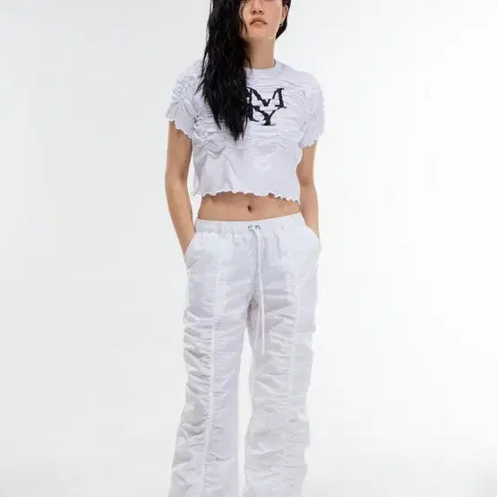 [BUNJANG] Kim Miso Shirring Cropped Short Sleeve T-Shirt / 김미더영 셔링 크롭 반팔 티셔츠