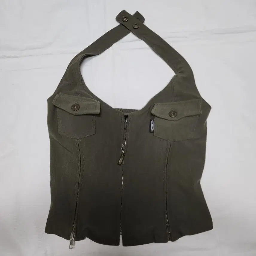 [BUNJANG] Vintage Khaki Halterneck Sleeveless Top / 빈티지 카키 홀터넥 나시 슬리브리스 탑