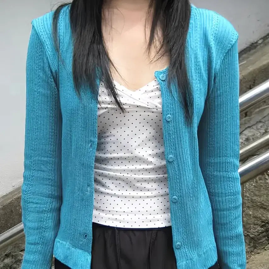 [BUNJANG] Abluy Punching Knit Cardigan - Blue / 오늘만!! 에이블리 펀칭 니트 가디건 블루