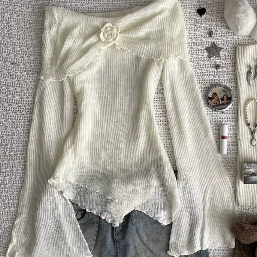 [BUNJANG] Cream Off-Shoulder Blouse / 크림색 오프숄더 블라우스