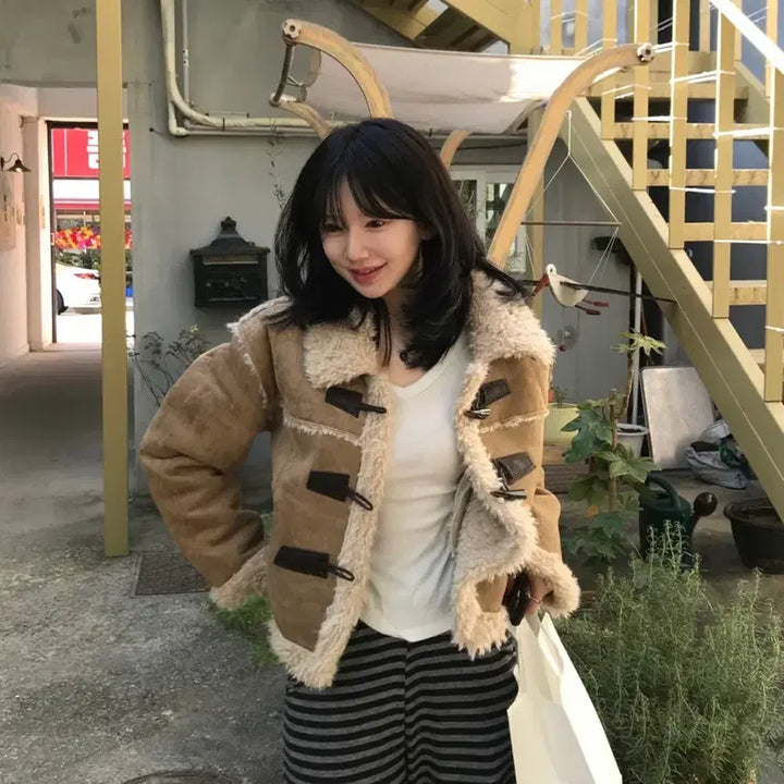 [BUNJANG] Suede Shearling Tteokbokki Mustang Jacket - Beige / 스웨이드 자켓 시어링 떡볶이 무스탕 베이지