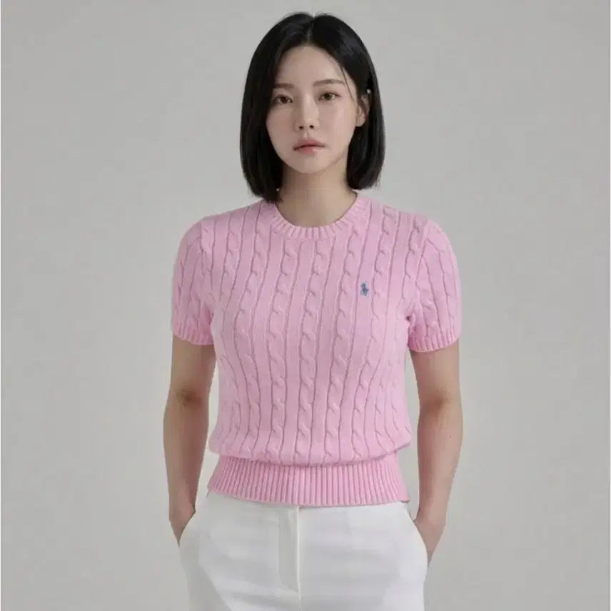 [BUNJANG] Polo Ralph Lauren Cable Knit Short Sleeve Pink Sweater / 폴로 랄프로렌 꽈배기 반팔 니트 핑크 s . m. xl [새상품]