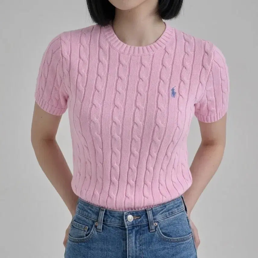 [BUNJANG] Polo Ralph Lauren Cable Knit Short Sleeve Pink Sweater / 폴로 랄프로렌 꽈배기 반팔 니트 핑크 s . m. xl [새상품]
