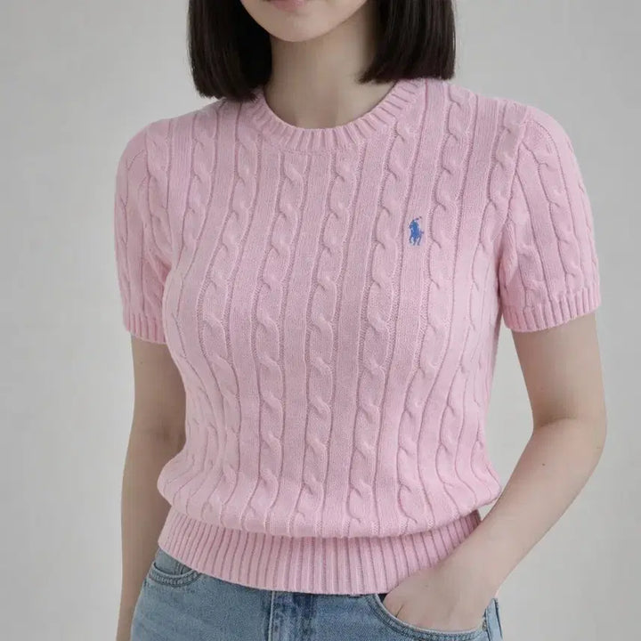 [BUNJANG] Polo Ralph Lauren Cable Knit Short Sleeve Pink Sweater / 폴로 랄프로렌 꽈배기 반팔 니트 핑크 s . m. xl [새상품]