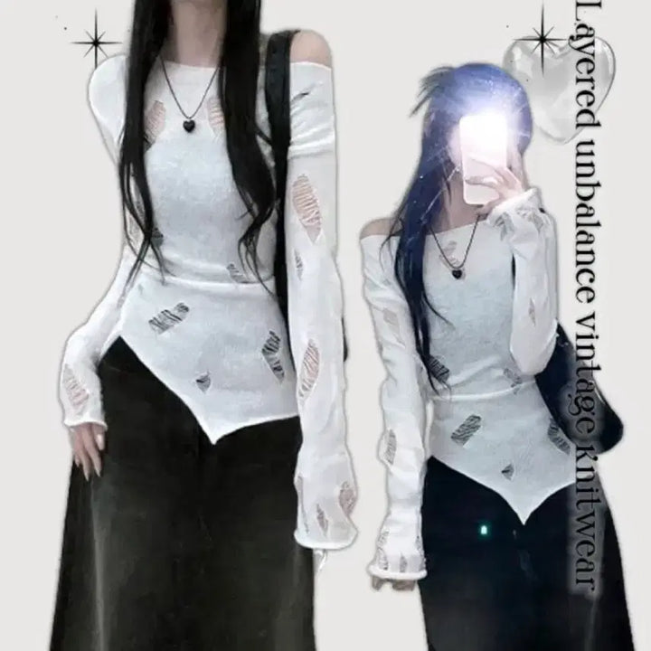 [BUNJANG] Amebly Damage Knit White / 에이블리 데미지 니트 화이트