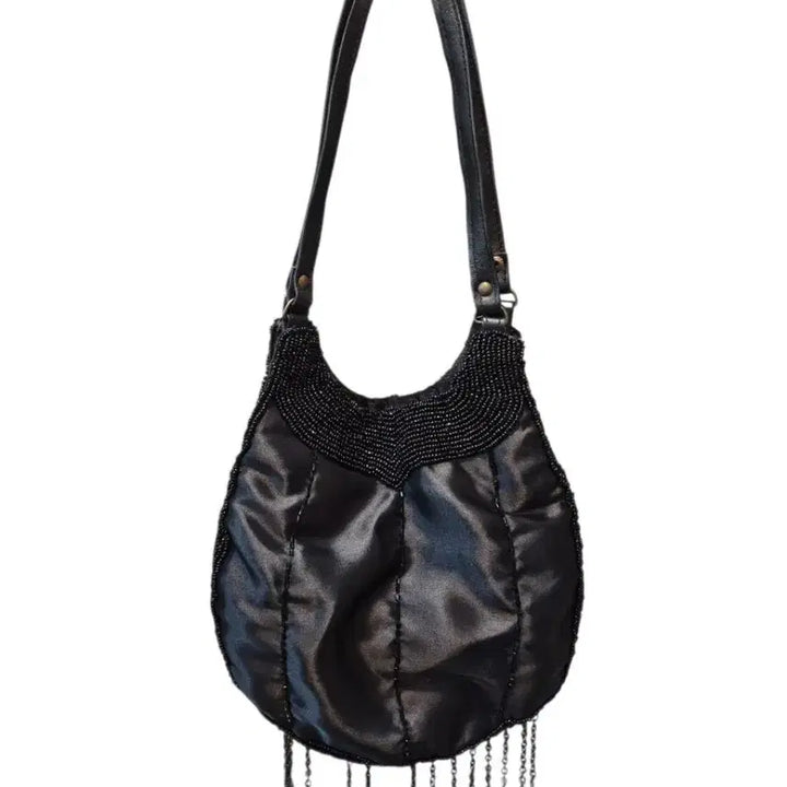 [BUNJANG] iBLUES Black Satin Beaded Shoulder Bag with Tassel Accent / iBLUES 블랙 새틴 비즈 숄더백 태슬 장식 Y2K